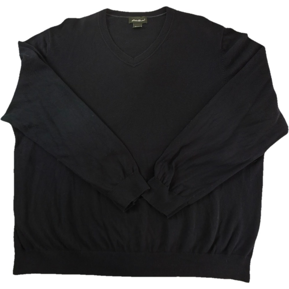 Eddie Bauer Cotton/Cashmere V-Neck Sweater Mens XL Black Pullover Solid